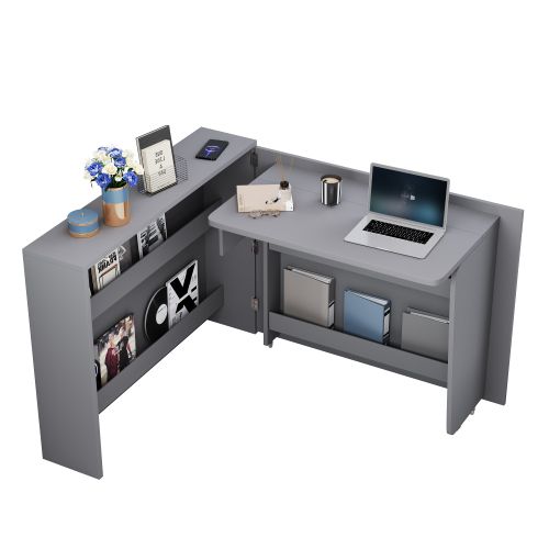 Bureau Pliable Avec Roulettes Et Chargeur Sans Fil - 115 × 27 × 93 Cm Fermé-gris