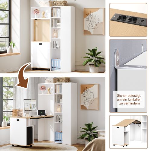 Bureau Pliant Avec Étagères - Avec Prise De Courant Et Port USB -104.5×30.5×160cm - Blanc