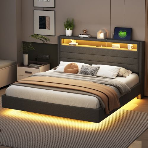 Lit Rembourré 160x200cm Avec Prise USB Et Lumière LED-pied De Lit Dissimulé-lit Double Plat-gris