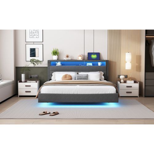 Lit Rembourré 160x200cm Avec Prise USB Et Lumière LED-pied De Lit Dissimulé-lit Double Plat-gris