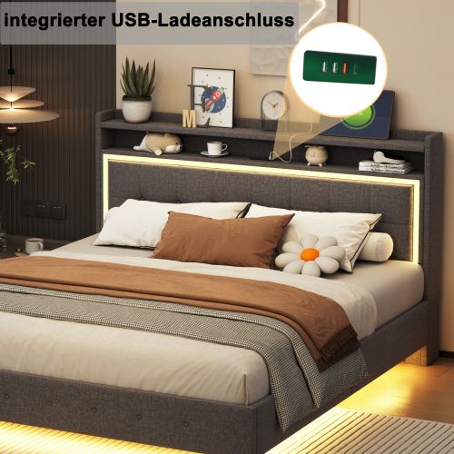 Lit Rembourré 140*200-avec Prise USB Et Lumière LED-lit Double Plat-tissu En Lin-gris