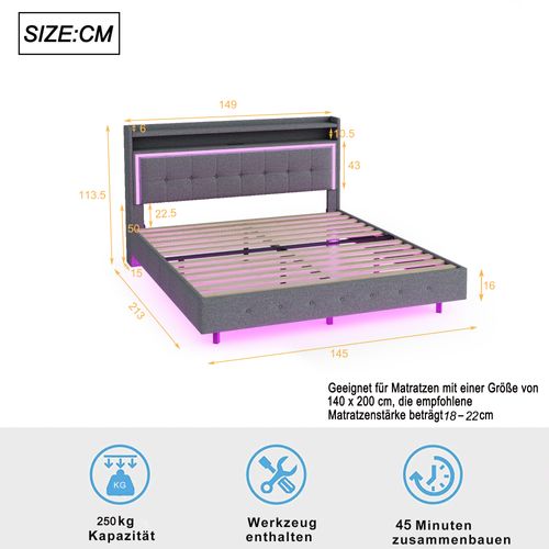 Lit Rembourré 140*200-avec Prise USB Et Lumière LED-lit Double Plat-tissu En Lin-gris