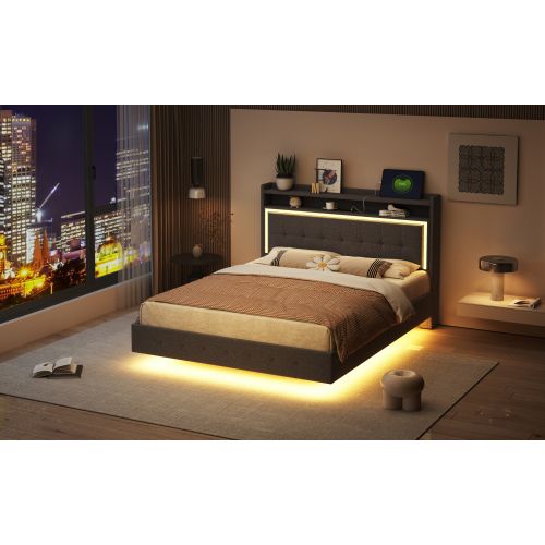 Lit Rembourré 140*200-avec Prise USB Et Lumière LED-lit Double Plat-tissu En Lin-gris