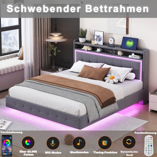 Lit Rembourré 160*200-avec Prise USB Et Lumière LED-lit Double Plat-tissu En Lin-gris