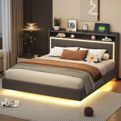 Lit Rembourré 160*200-avec Prise USB Et Lumière LED-lit Double Plat-tissu En Lin-gris