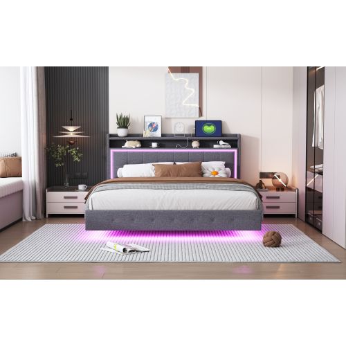 Lit Rembourré 160*200-avec Prise USB Et Lumière LED-lit Double Plat-tissu En Lin-gris