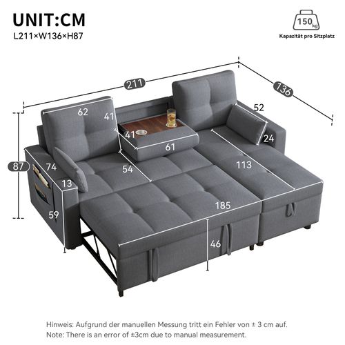 Canapé Convertible - Canapé Lit 3 Places - Grand Espace De Rangement - 211x136x87cm - Gris Foncé