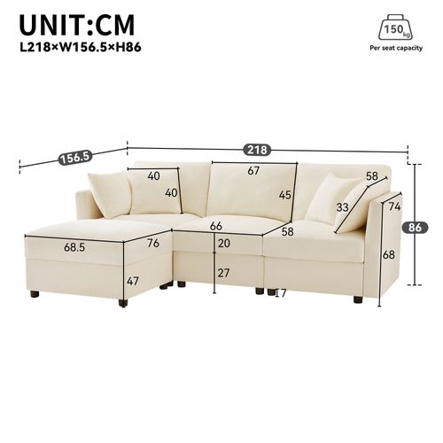 Canapé Convertible - Canapé D'angle 3 Places- Avec 1 Repose-pieds - 218x156.5x86cm - Beige