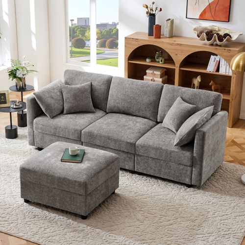 Canapé Convertible - Canapé D'angle 3 Places- Avec 1 Repose-pieds - 218x156.5x86cm - Gris