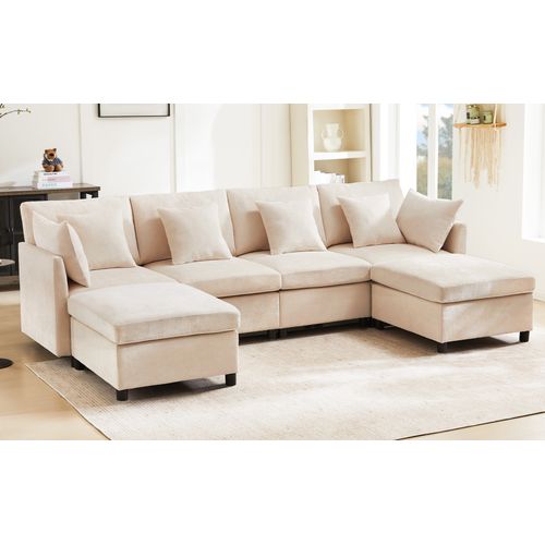 Canapé Convertible - Canapé D'angle 4 Places- Avec 2 Repose-pieds - 278x161x81cm - Beige