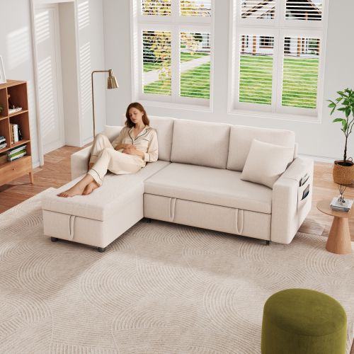 Canapé Convertible - Canapé Lit 3 Places - Grand Espace De Rangement - 219.5x142.5x83cm - Beige