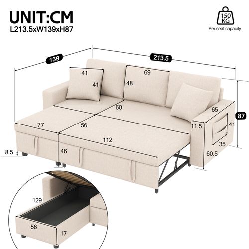 Canapé Convertible - Canapé Lit 3 Places - Grand Espace De Rangement - 219.5x142.5x83cm - Beige