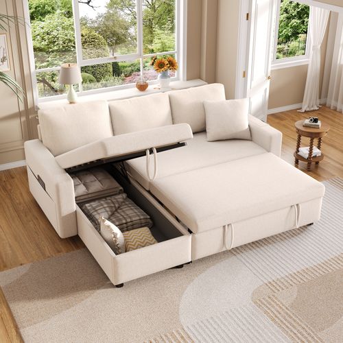 Canapé Convertible - Canapé Lit 3 Places - Grand Espace De Rangement - 219.5x142.5x83cm - Beige
