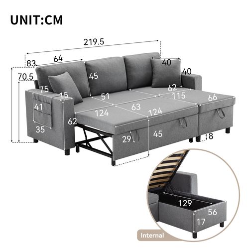 Canapé Convertible - Canapé Lit 3 Places - Grand Espace De Rangement - 219.5x142.5x83cm - Gris Foncé
