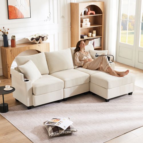 Canapé Convertible - Canapé D'angle 3 Places- Avec 1 Repose-pieds - 213.5x138x87cm - Beige