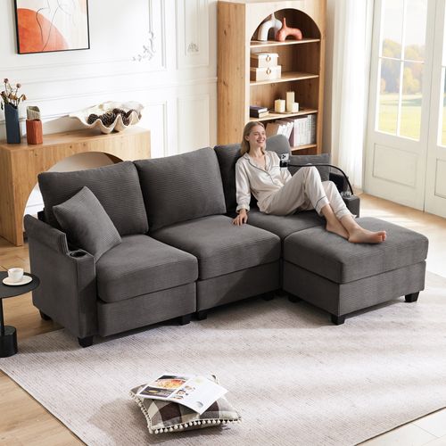 Canapé Convertible - Canapé D'angle 3 Places- Avec 1 Repose-pieds - 213.5x138x87cm - Gris Foncé