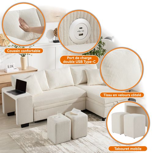 Canapé Convertible - Canapé Lit 3 Places - 231x131.5x84cm - Beige