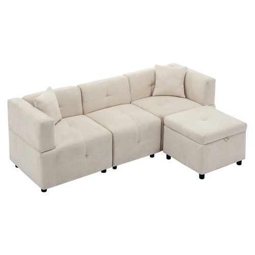 Canapé Fixe - Canapé D'angle 3 Places- Avec 1 Repose-pieds - 204x126x69cm - Beige