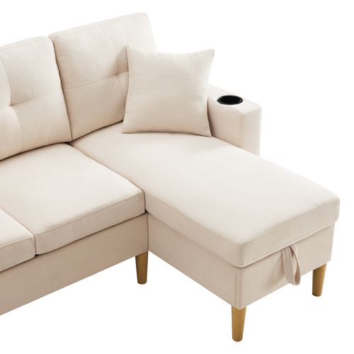 Canapé Fixe- Canapé D'angle 3 Places- Grand Espace De Rangement - 175x129x90cm - Beige