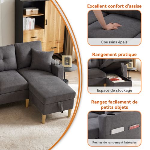 Canapé fixe - Canapé D'angle 3 Places - 175x129x90cm - Gris Foncé