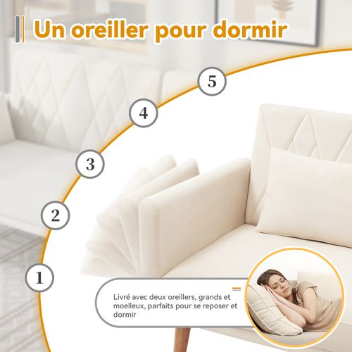 Canapé Convertible - Canapé Lit 2 Places- Velours - Élégant- 180x75x82cm - Beige