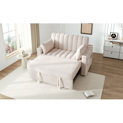 Canapé Convertible - Canapé Lit 2 Places - Avec Porte-gobelet - 136x162x84cm - Beige
