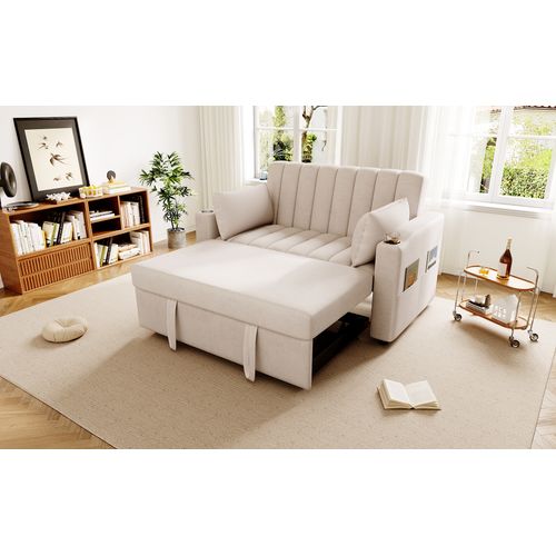 Canapé Convertible - Canapé Lit 2 Places - Avec Porte-gobelet - 136x162x84cm - Beige