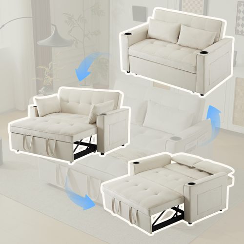 Canapé Convertible - Canapé Lit 2 Places - Avec Porte-gobelet - 137x76.5x83cm - Beige