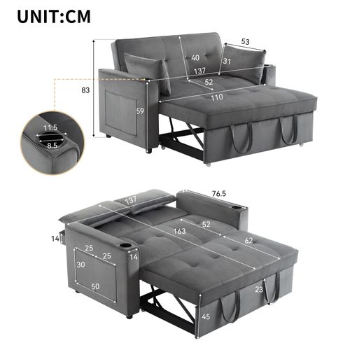 Canapé Convertible - Canapé Lit 2 Places - Avec Porte-gobelet - 137x76.5x83cm - Gris