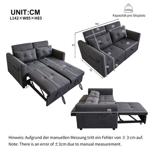 Canapé Convertible - Canapé Lit 2 Places - Canapé D'angle - 142x85x83cm - Gris