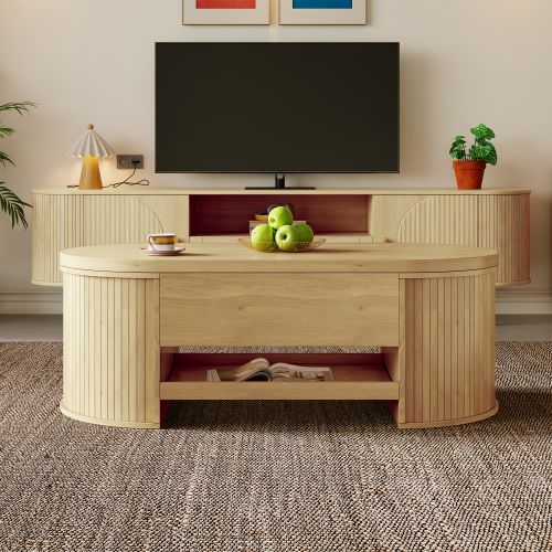 Table Basse Ovale - Table à Café Relevable En Bois - 110 X 55,5 X 40cm - Table De Salon - Naturel