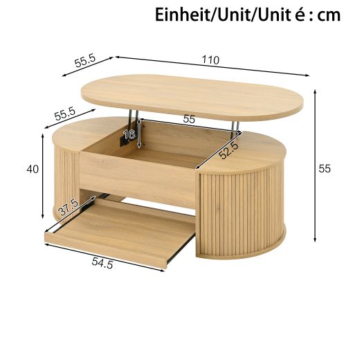 Table Basse Ovale - Table à Café Relevable En Bois - 110 X 55,5 X 40cm - Table De Salon - Naturel