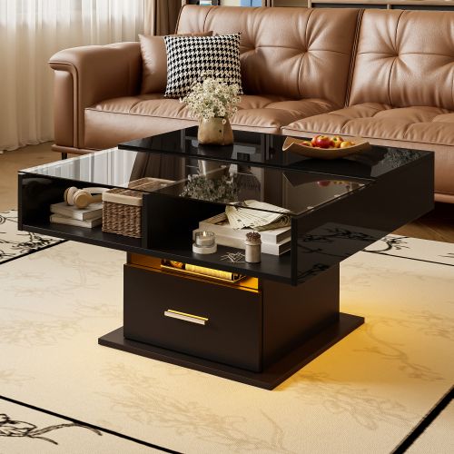 Table Basse Carrée - Table à Café LED - Table Basse Relevable - Salon - Noir