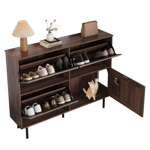 Meuble à Chaussures Étroit Avec 3 Volets - 9 Paires -étagère à Chaussures Rabattable - Noyer