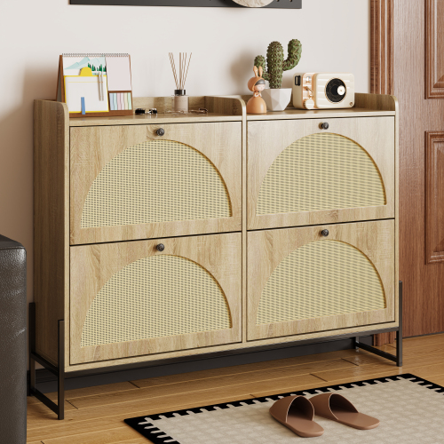 Meuble à Chaussures Étroit Avec 4 Volets -pe Rotin - Panneau Respirant Pour Intérieur Frais -bois