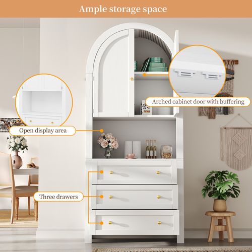Buffet Multifonctionnelle- Armoire De Rangement Haute En Arc -rétro-étagères Ouvertes-blanc