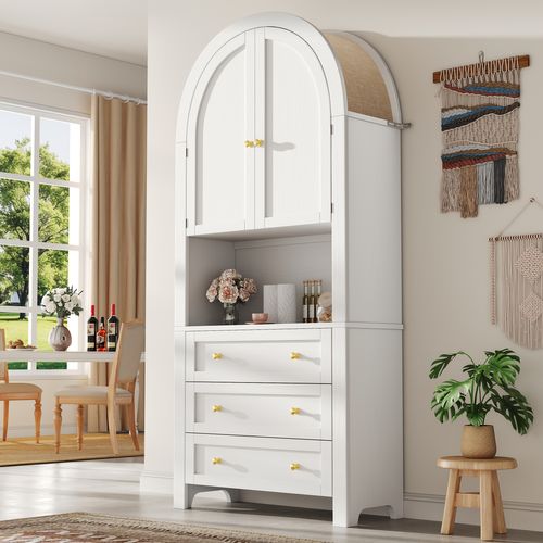 Buffet Multifonctionnelle- Armoire De Rangement Haute En Arc -rétro-étagères Ouvertes-blanc