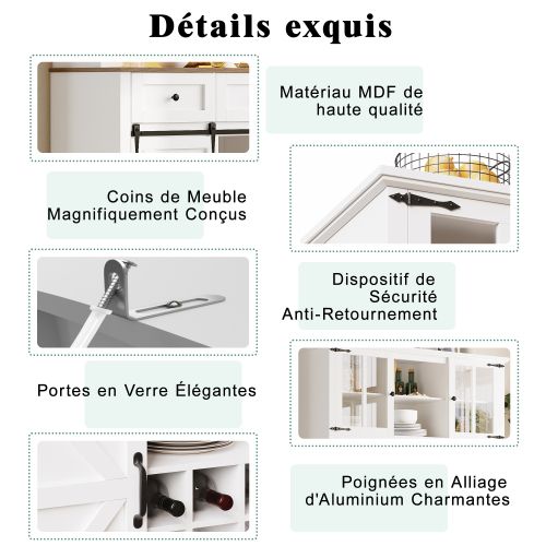 Buffet De Cuisine LED Avec Éclairage Musical - Rustique Moderne -sécurité Anti-basculement-blanc