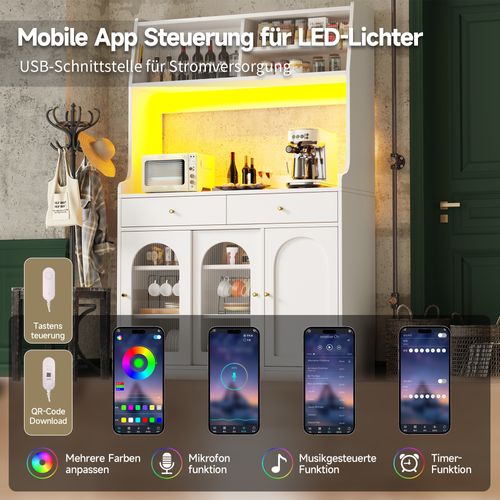 Buffet De Cuisine LED Avec Éclairage Musical-buffet Avec Étagères Réglables - Meuble Haut- Blanc