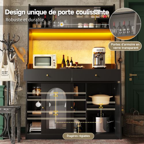 Buffet De Cuisine LED Avec Éclairage Musical-buffet Avec Étagères Réglables - Meuble Haut- Noir