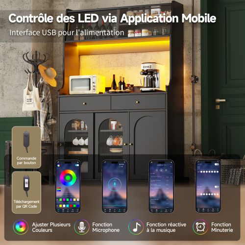 Buffet De Cuisine LED Avec Éclairage Musical-buffet Avec Étagères Réglables - Meuble Haut- Noir