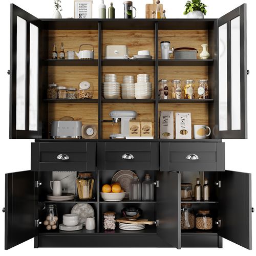 Buffet De Cuisine-140×38,5×175cm-meuble De Cuisine-avec Tiroirs-cuisine, Salon-noir