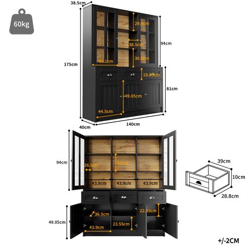 Buffet De Cuisine-140×38,5×175cm-meuble De Cuisine-avec Tiroirs-cuisine, Salon-noir