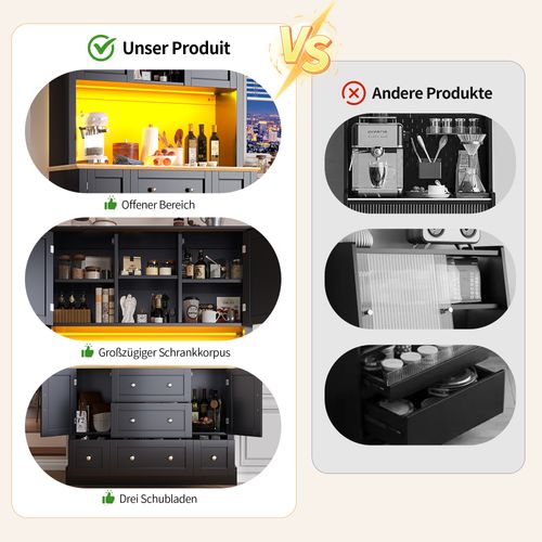 Buffet De Cuisine LED Avec Éclairage Musical-dispositif Anti-basculement-étagères Réglables-noir