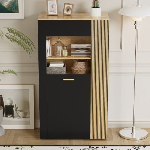 Vitrine Multifonctionnelle Avec LED - 1 Porte Vitrée Et 5 Étagères - 80×40×146 Cm - Noir