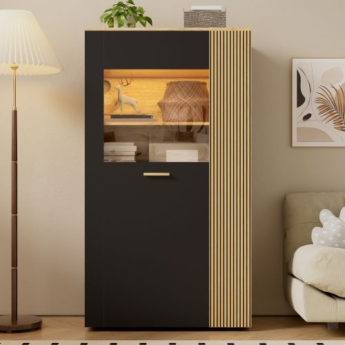 Vitrine Multifonctionnelle Avec LED - 1 Porte Vitrée Et 5 Étagères - 80×40×146 Cm - Noir