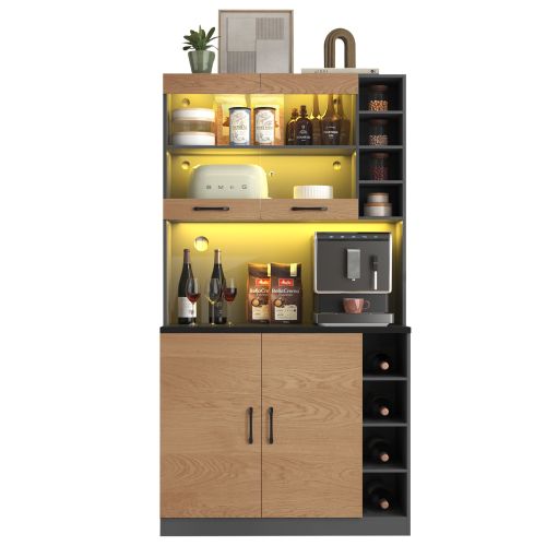 Vitrine Multifonctionnelle Avec LED - Étagère Pour Salon- En Bois - Naturel Et Gris