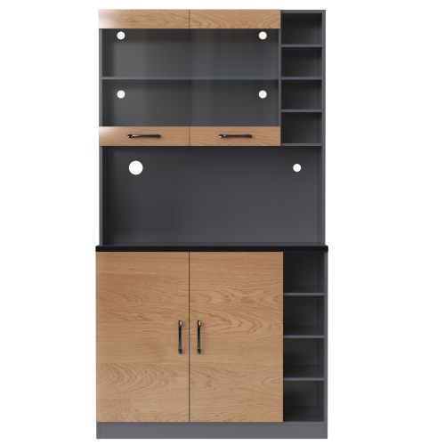 Vitrine Multifonctionnelle Avec LED - Étagère Pour Salon- En Bois - Naturel Et Gris