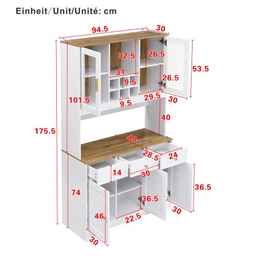 Buffet De Cuisine Multifonctionnelle - Portes Vitrées - Rangement Abondant - Rustique - Blanc