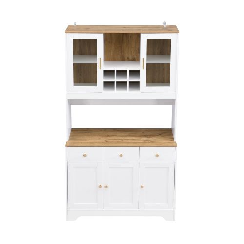 Buffet De Cuisine Multifonctionnelle - Portes Vitrées - Rangement Abondant - Rustique - Blanc